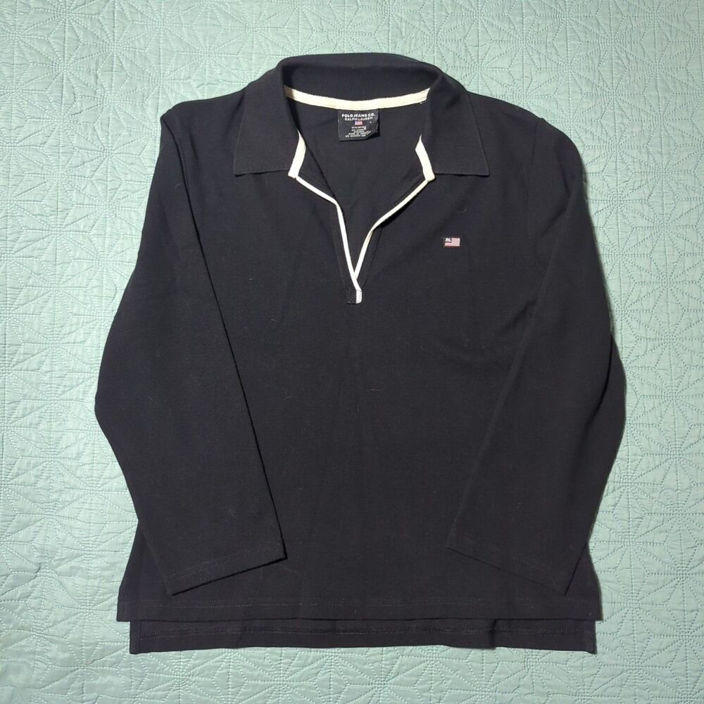 Vintage Polo Jeans Co Ralph Lauren Black Cropped Polo Shirt 3/4 Sleeve L 90s Y2K